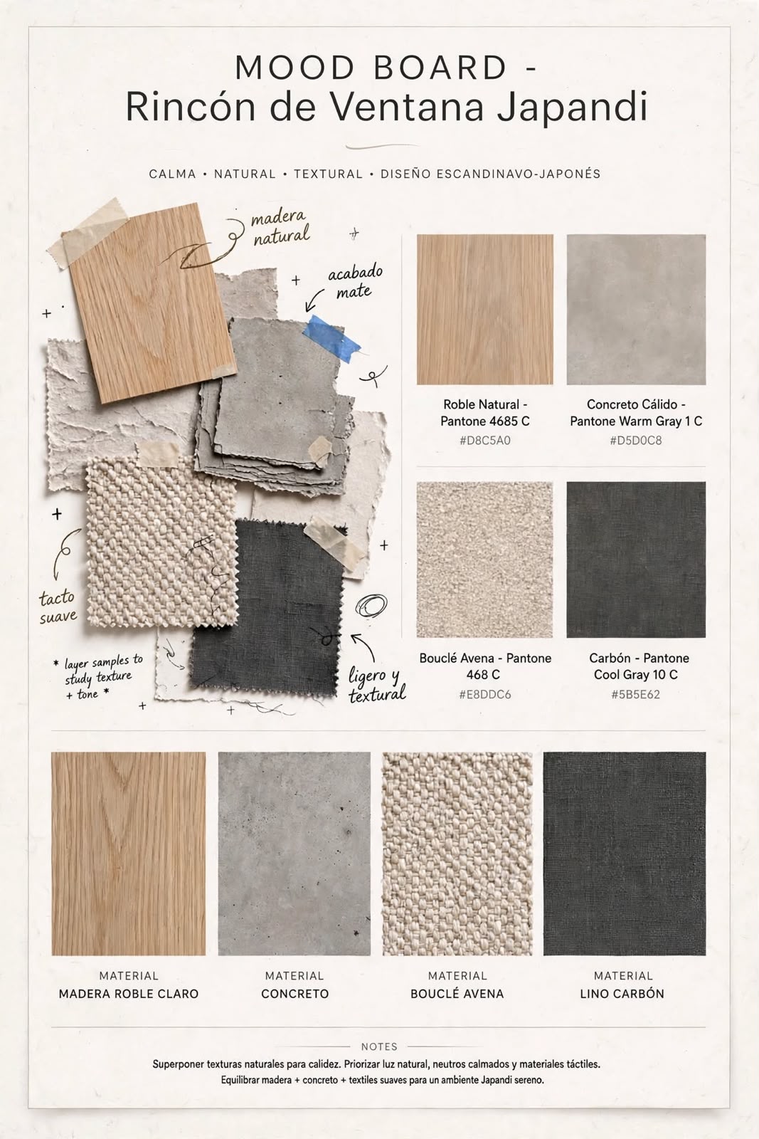 Moodboard de interiorismo con materiales y texturas